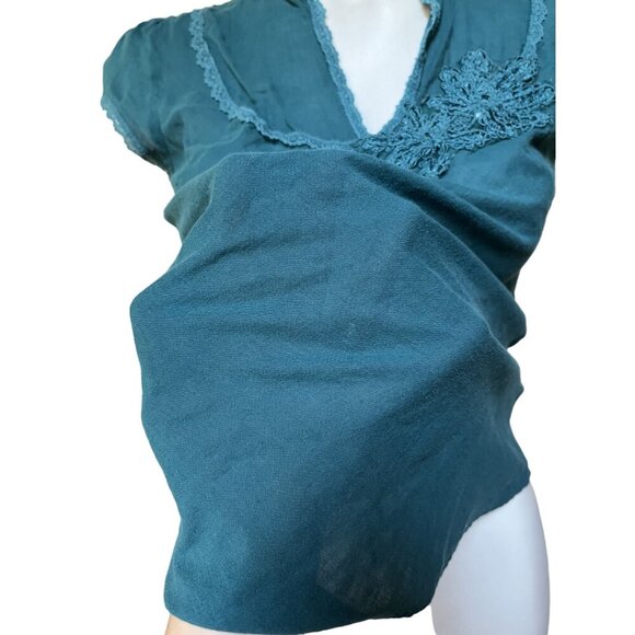 Vintage 90s Y2K Teal Cap Sleeve Slim Fit Feminine Blouse With Lace Accents - Picture 5 of 9